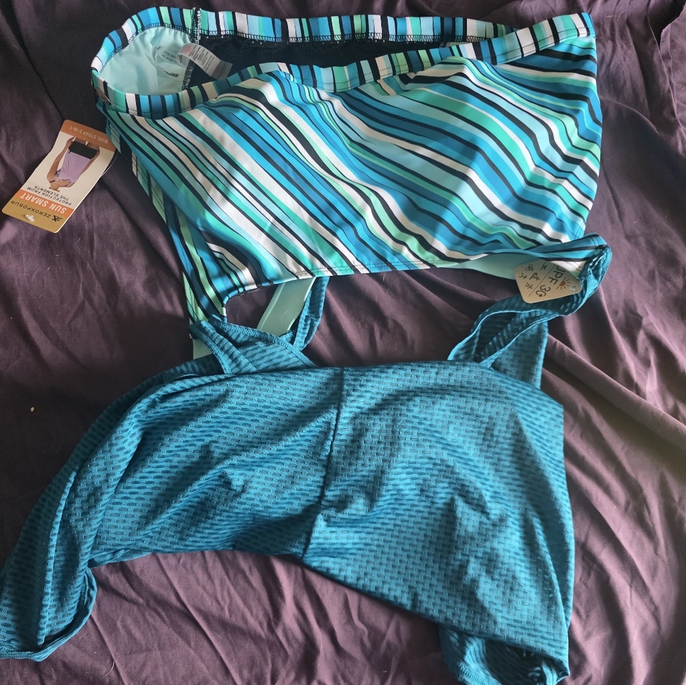 Striped Blue and Green Tank Top Bathing Tankini Suit 2-in-1 Nwt 3X